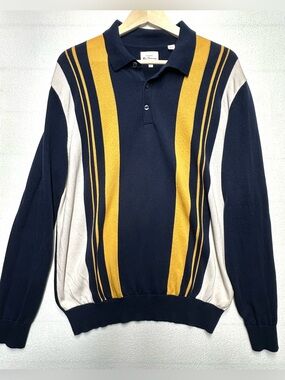 Ben Sherman XL Knit Polo Sweater Navy Gold Stripe Retro Mod 100% Cotton